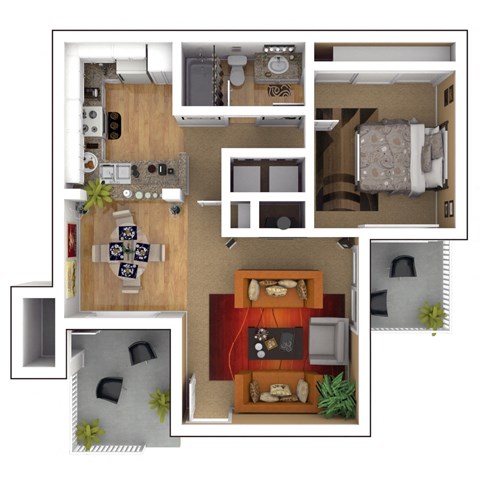 Floor plan for 1 bed, 1 bath, 727 sqft
